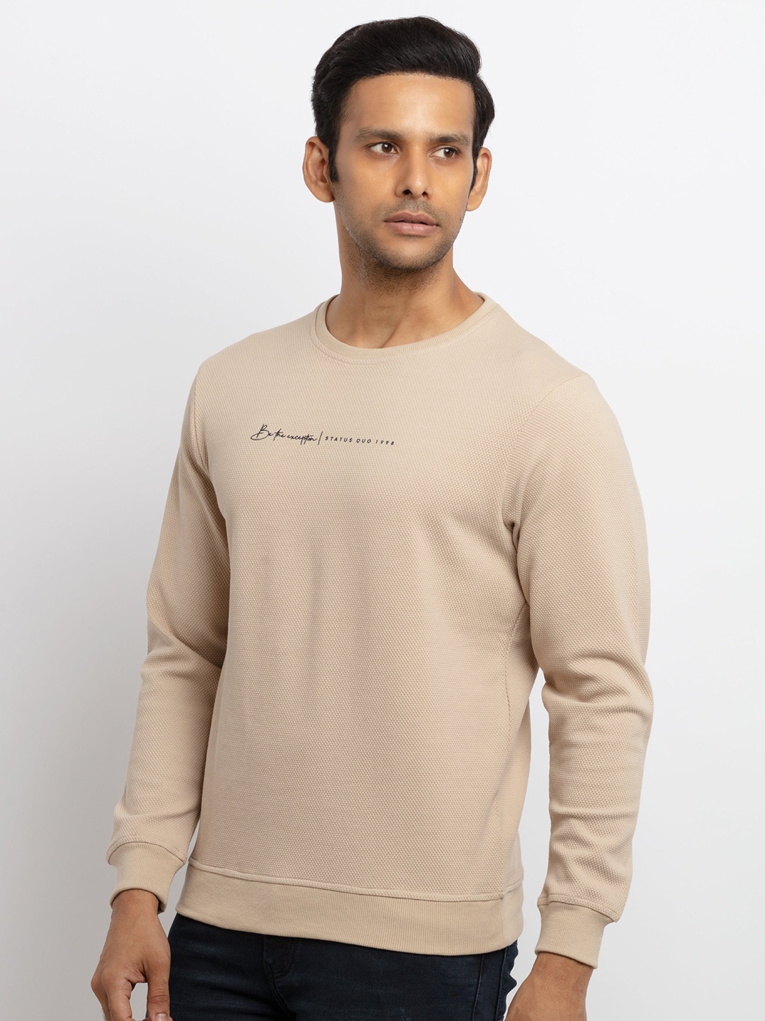 

Status Quo Men Beige Solid Full Sleeves T-shirt