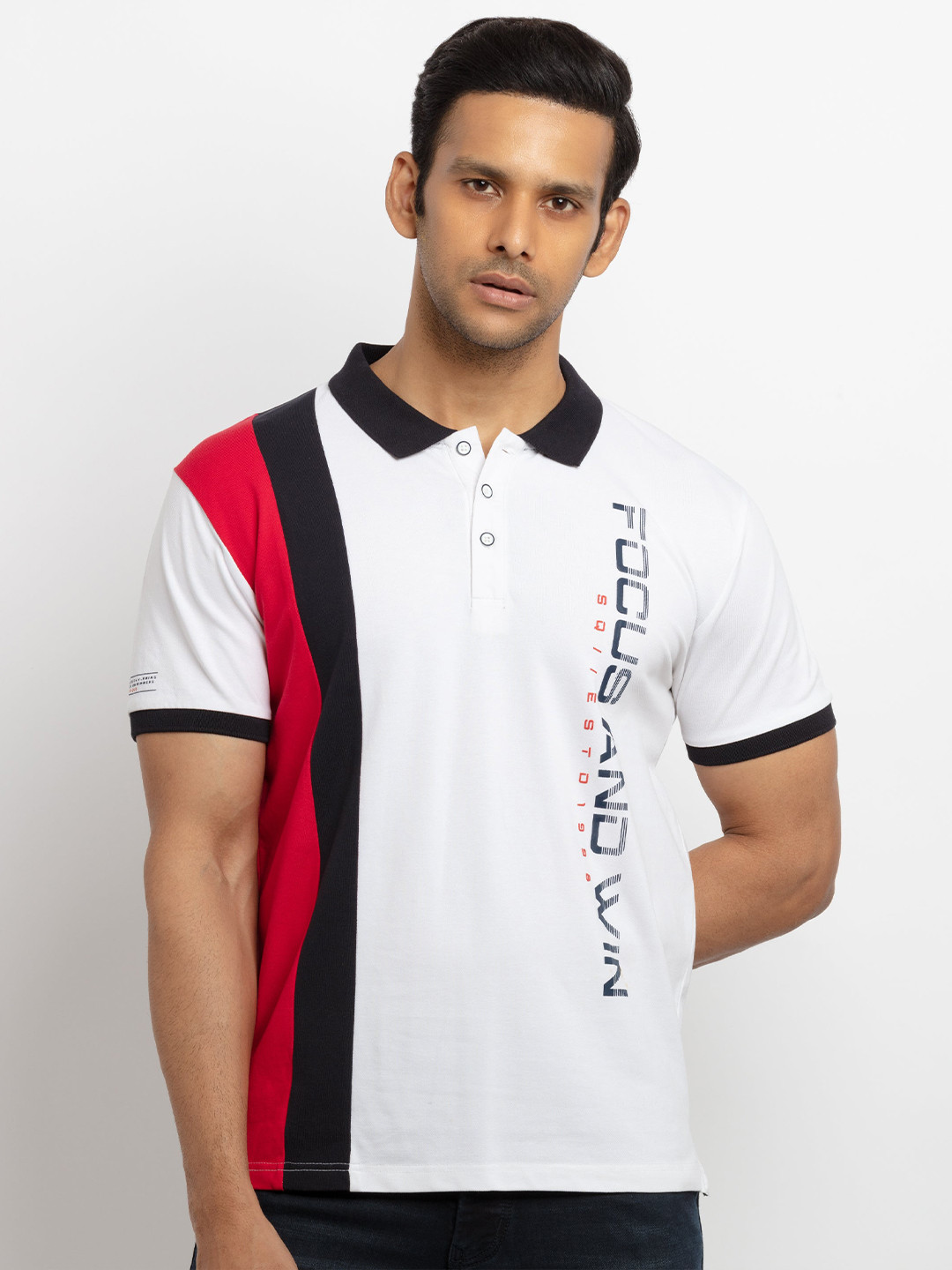 

Status Quo Men White Typography Printed Polo Collar Cotton T-shirt