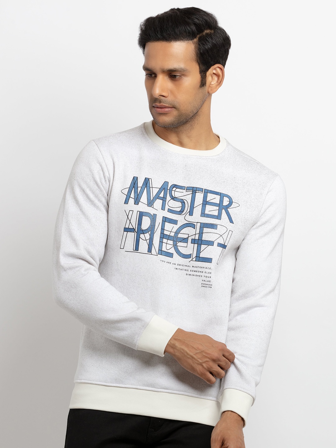 

Status Quo Men Off White & Blue Typography Printed T-shirt