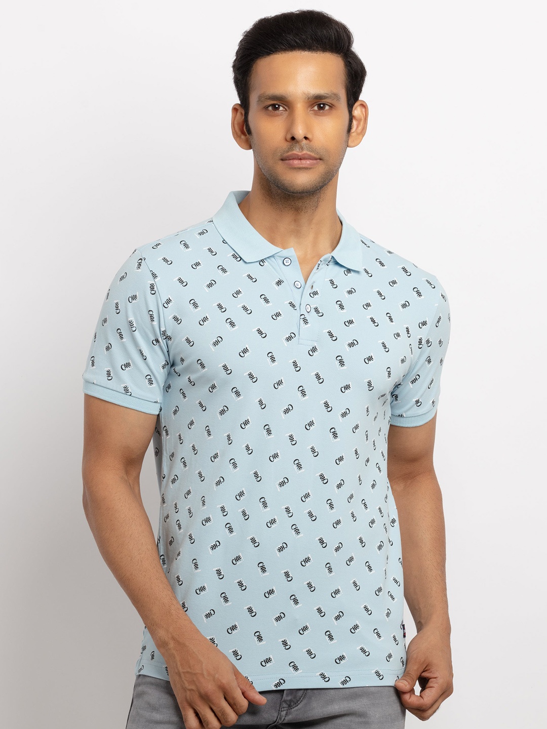 

Status Quo Men Blue Printed Polo Collar T-shirt