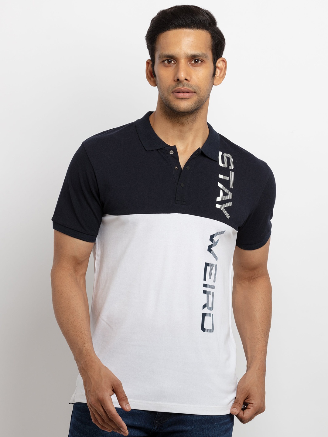 

Status Quo Men Navy Blue & White Typography Printed Polo Collar T-shirt