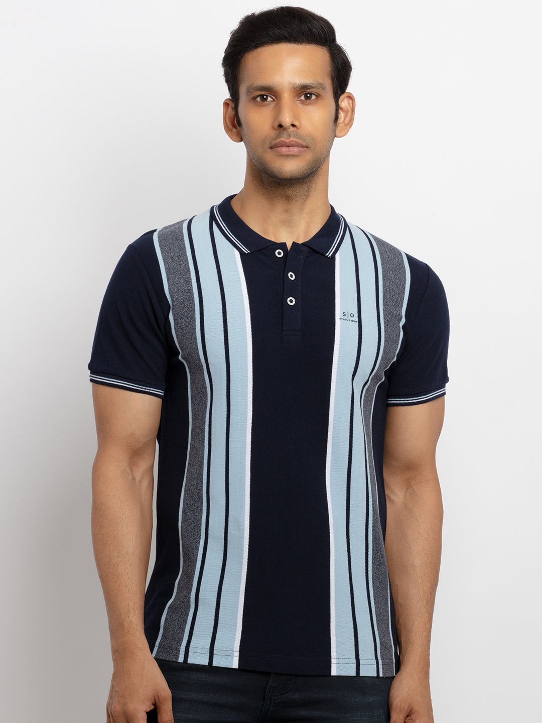 

Status Quo Men Navy Blue Striped Polo Collar Pure Cotton T-shirt