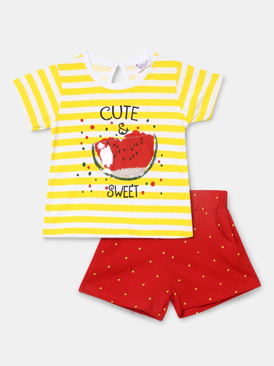 

V-Mart Girls Printed Pure Cotton T-shirt with Shorts, Yellow