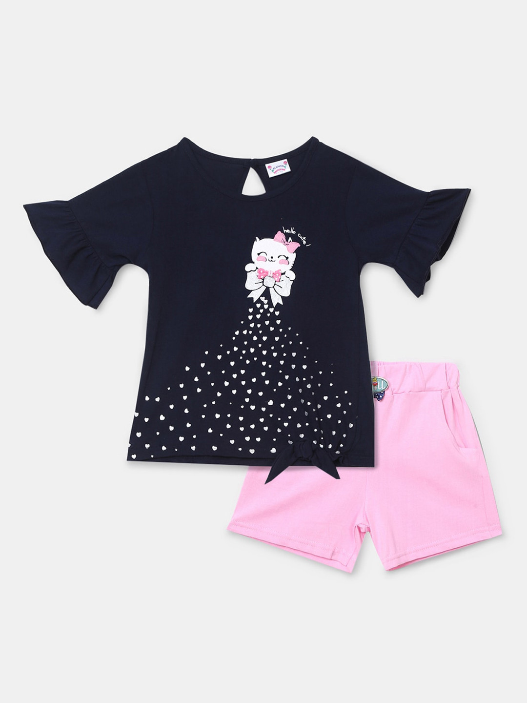 

V-Mart Girls Printed Pure Cotton T-shirt with Shorts, Navy blue