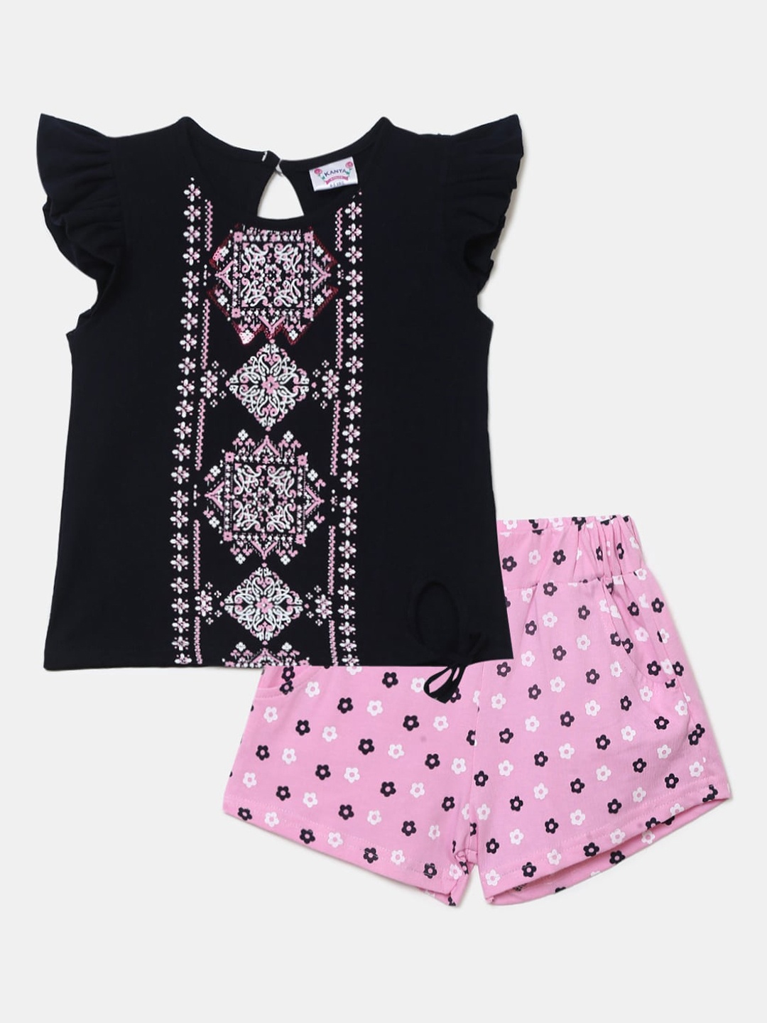 

V-Mart Girls Printed T-shirt with Shorts, Navy blue