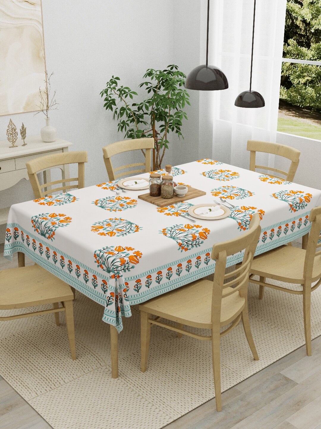 

Salona Bichona Orange & White Floral Printed Pure Cotton Table Cover