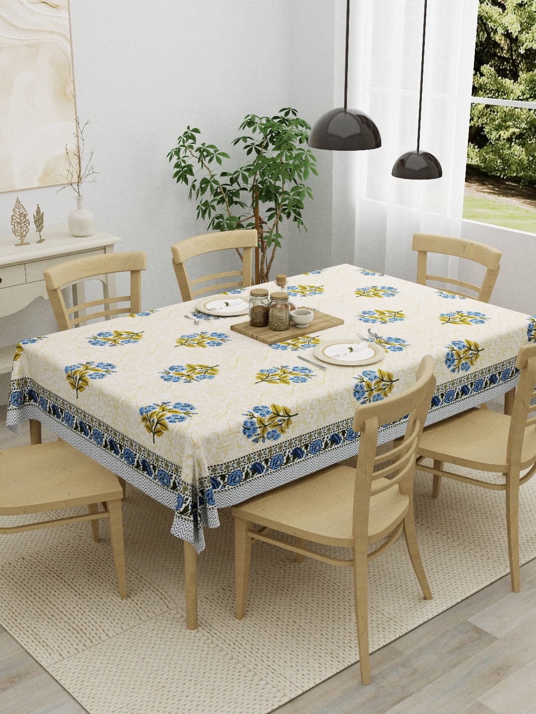 

Salona Bichona Blue & Off-White Floral Printed Pure Cotton Table Cover, Beige