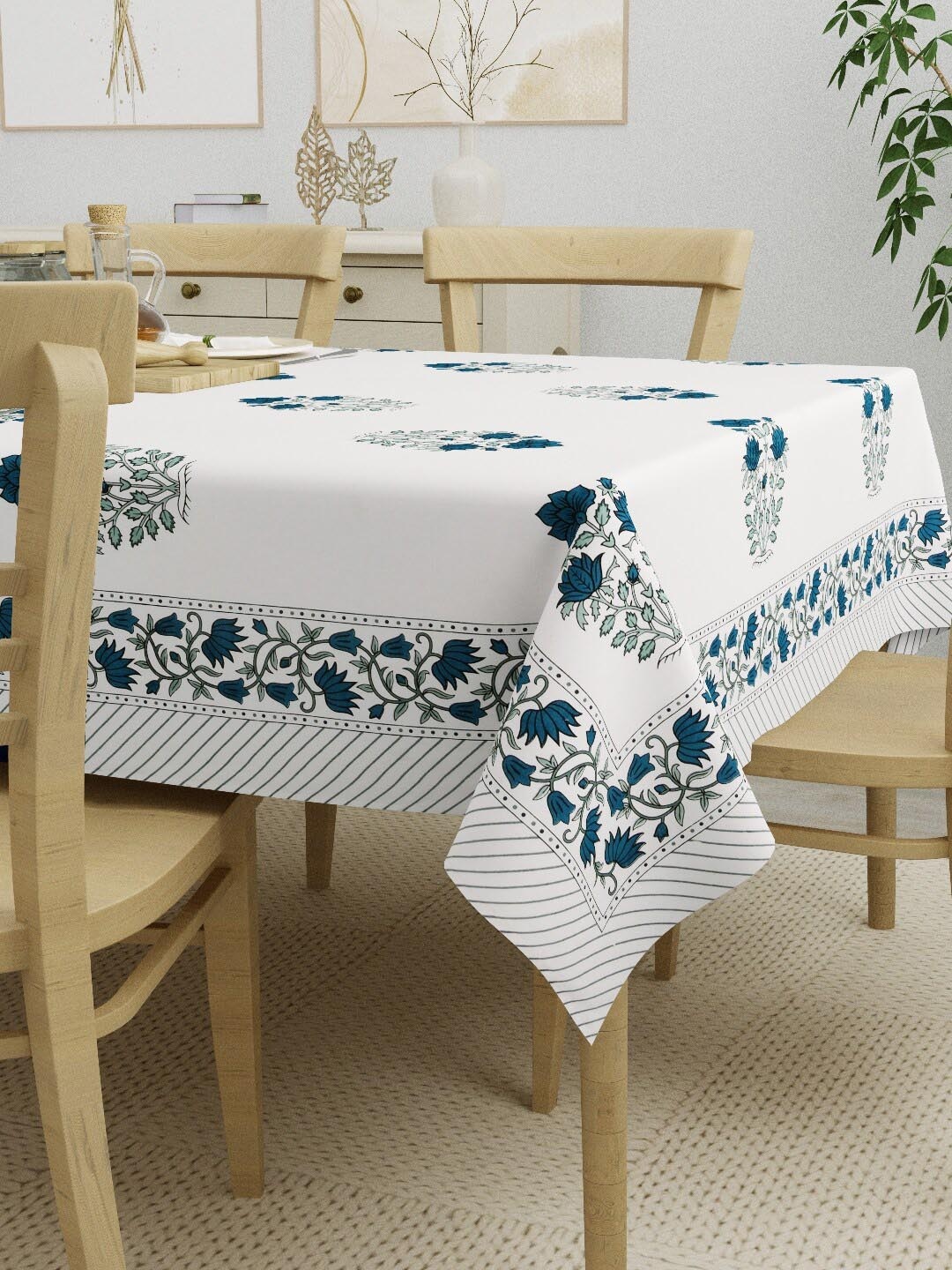 

Salona Bichona Teal & Off-White Floral Printed Pure Cotton Table Cover