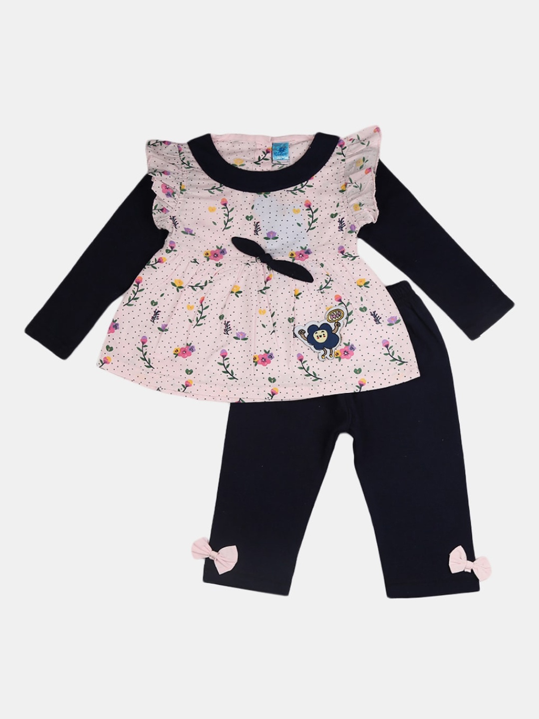 

V-Mart Infant Girls Floral Printed Pure Cotton Top With Pyjamas, Black