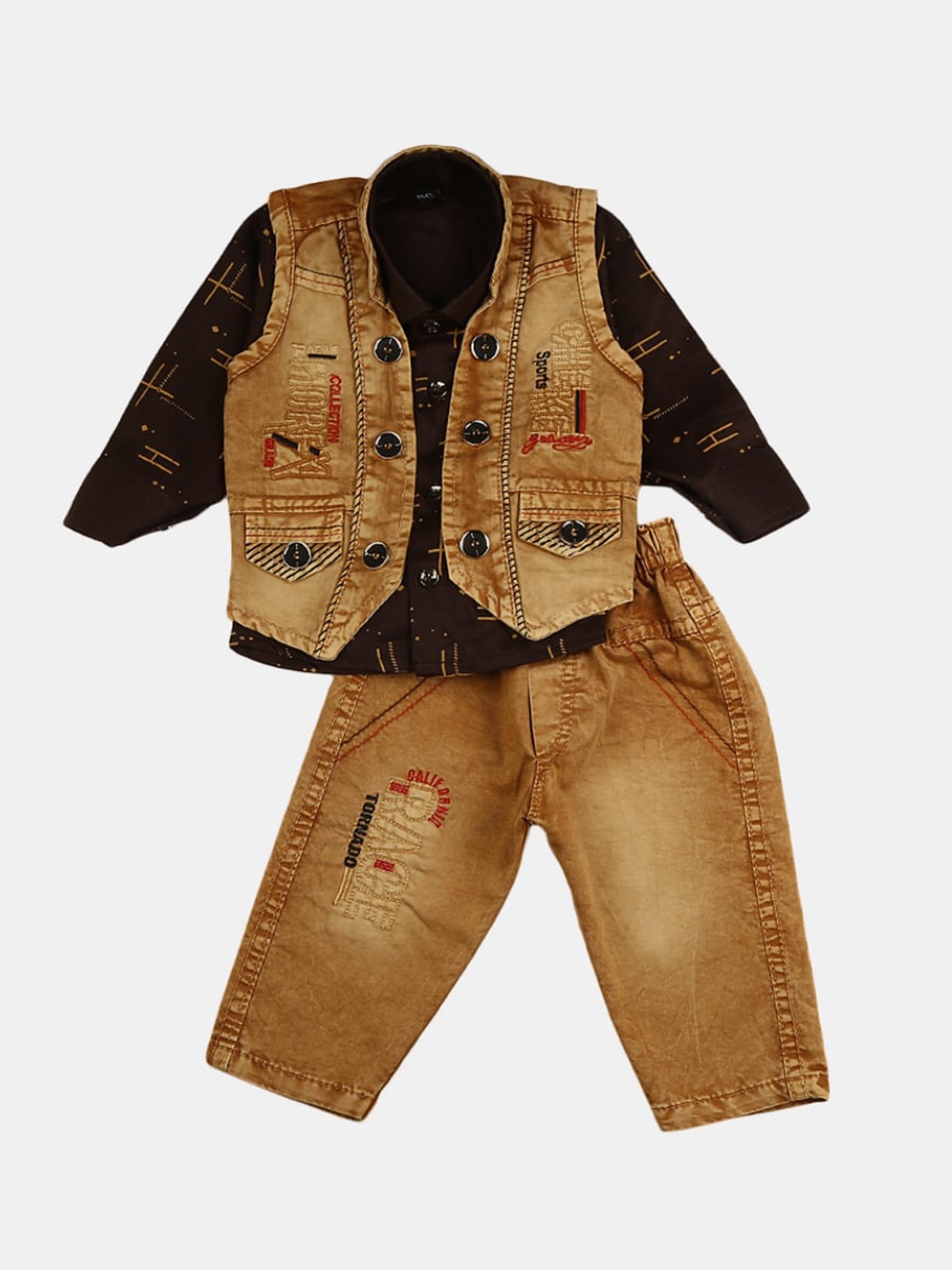 

V-Mart Infant Boys Printed Pure Cotton Shirt With Trousers & With Jacket, Camel brown