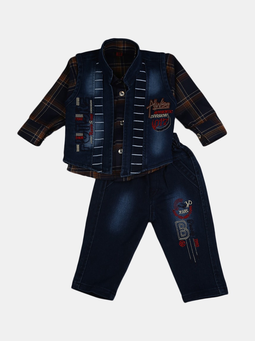

V-Mart Infant Boys Checked Pure Cotton Shirt With Trousers & With Jacket, Navy blue
