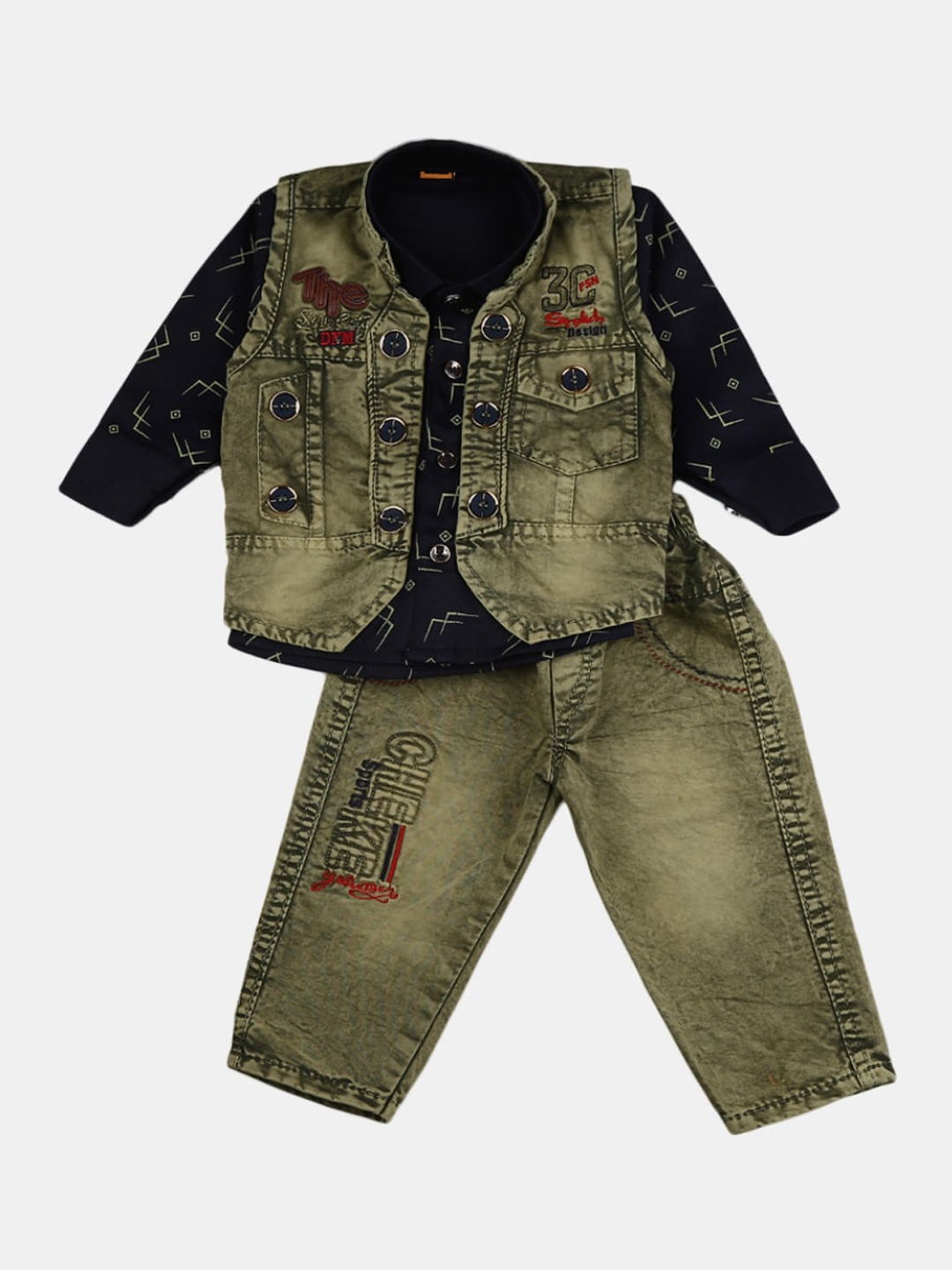 

V-Mart Infant Boys Printed Pure Cotton Shirt With Trousers & With Jacket, Olive