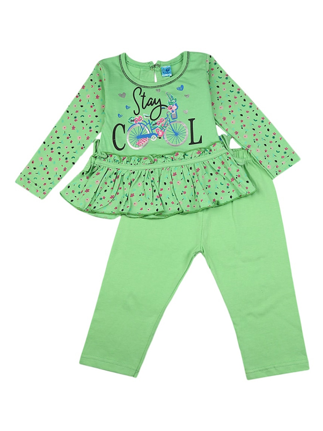 

V-Mart Infant Girls Printed Pure Cotton Top With Trousers, Green