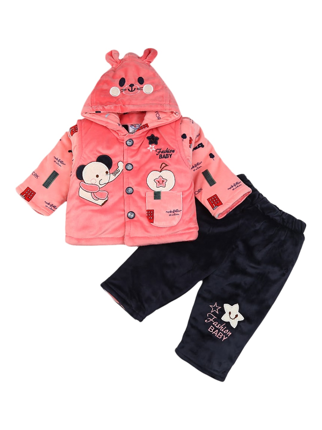 

V-Mart Infants Printed Pure Cotton Hooded Coat With Trousers, Peach