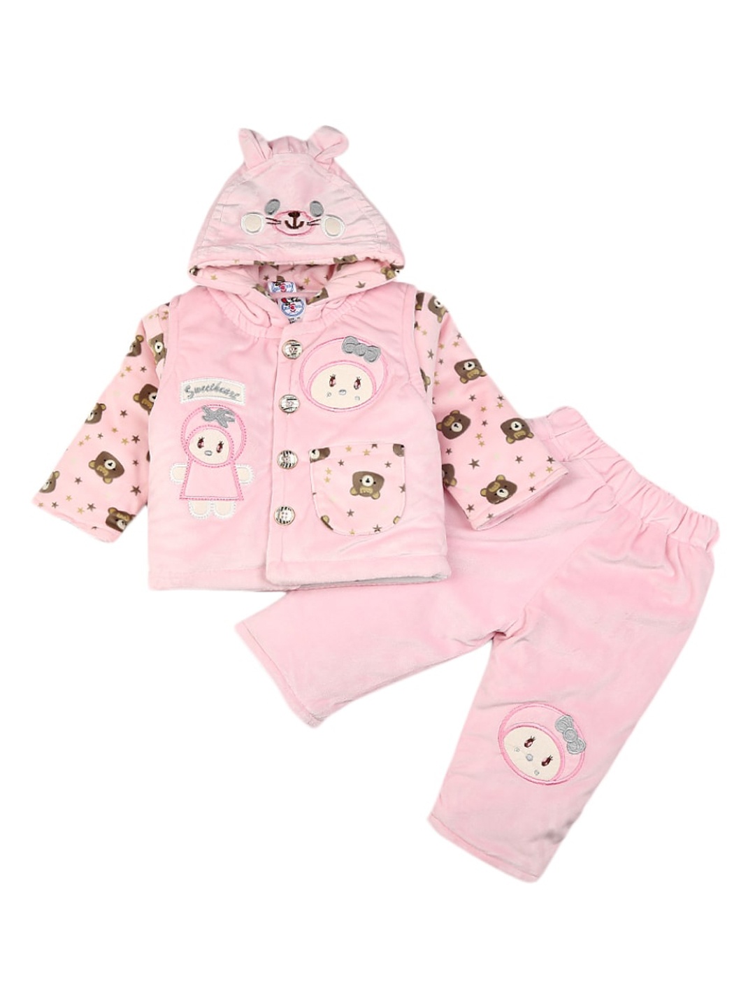 

V-Mart Infants Printed Pure Cotton Hooded Coat With Trousers, Pink