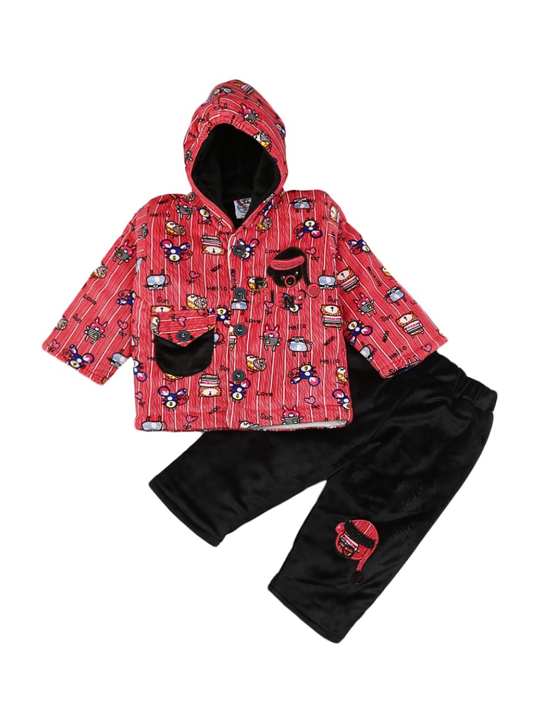

V-Mart Infants Printed Hooded Pure Cotton T-shirt with Trousers, Red