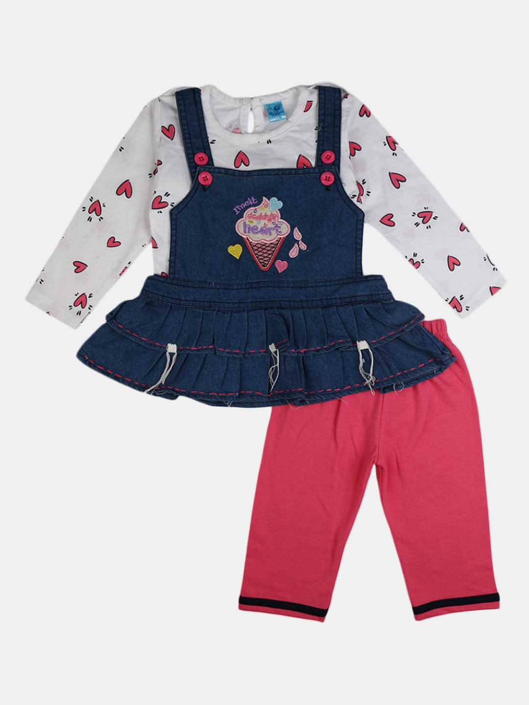 

V-Mart Infants Girls Printed Pure Cotton T-shirt & Dungaree with Pyjamas, White
