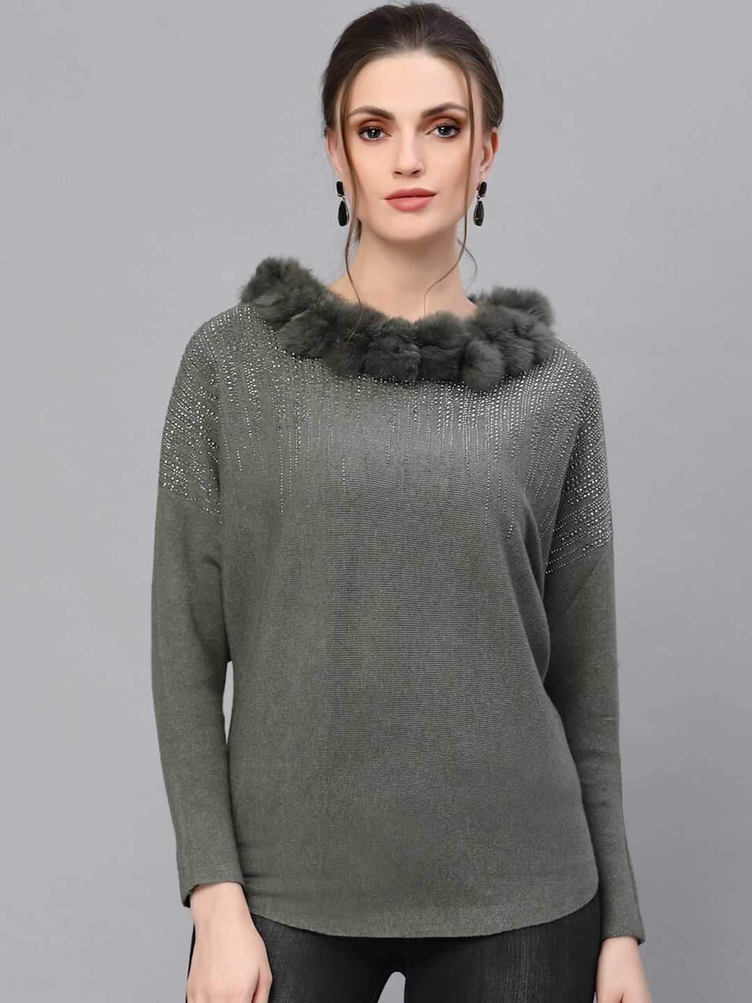 

Mafadeny Women Green Pullover with Embellished Detail