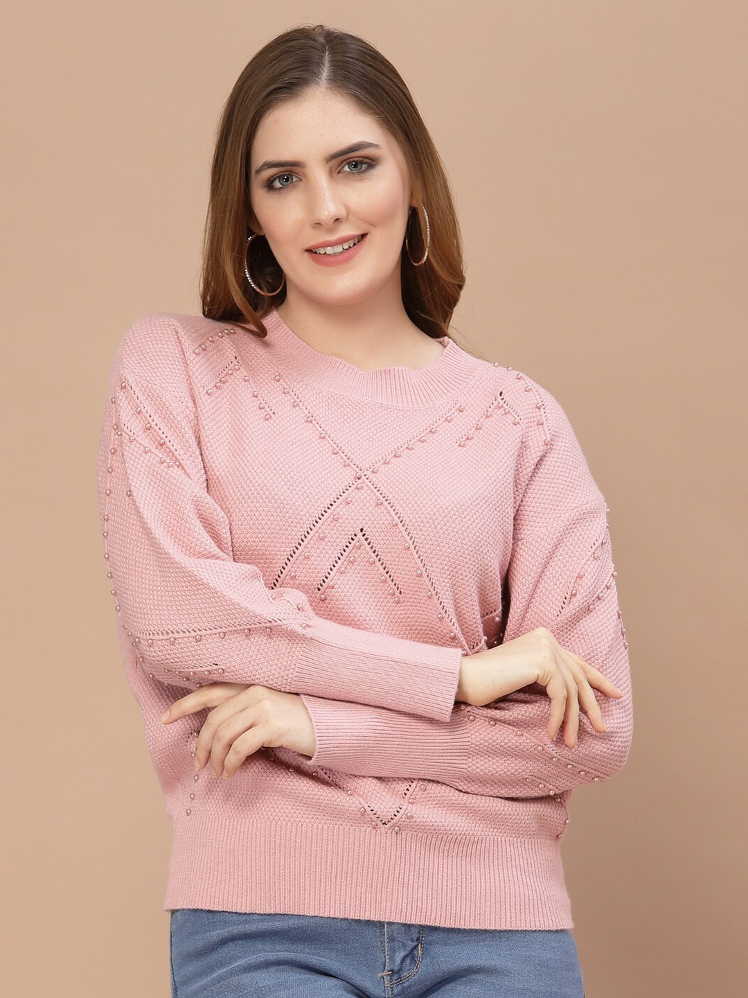 

Mafadeny Women Peach-Coloured Pullover with Embellished Detail