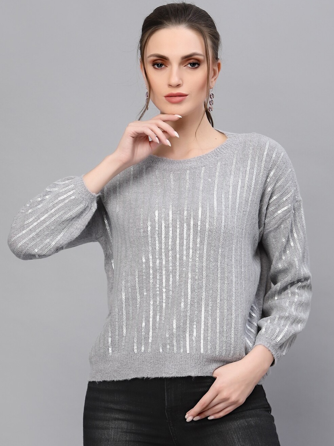 

Mafadeny Women Grey Pullover with Embellished Detail