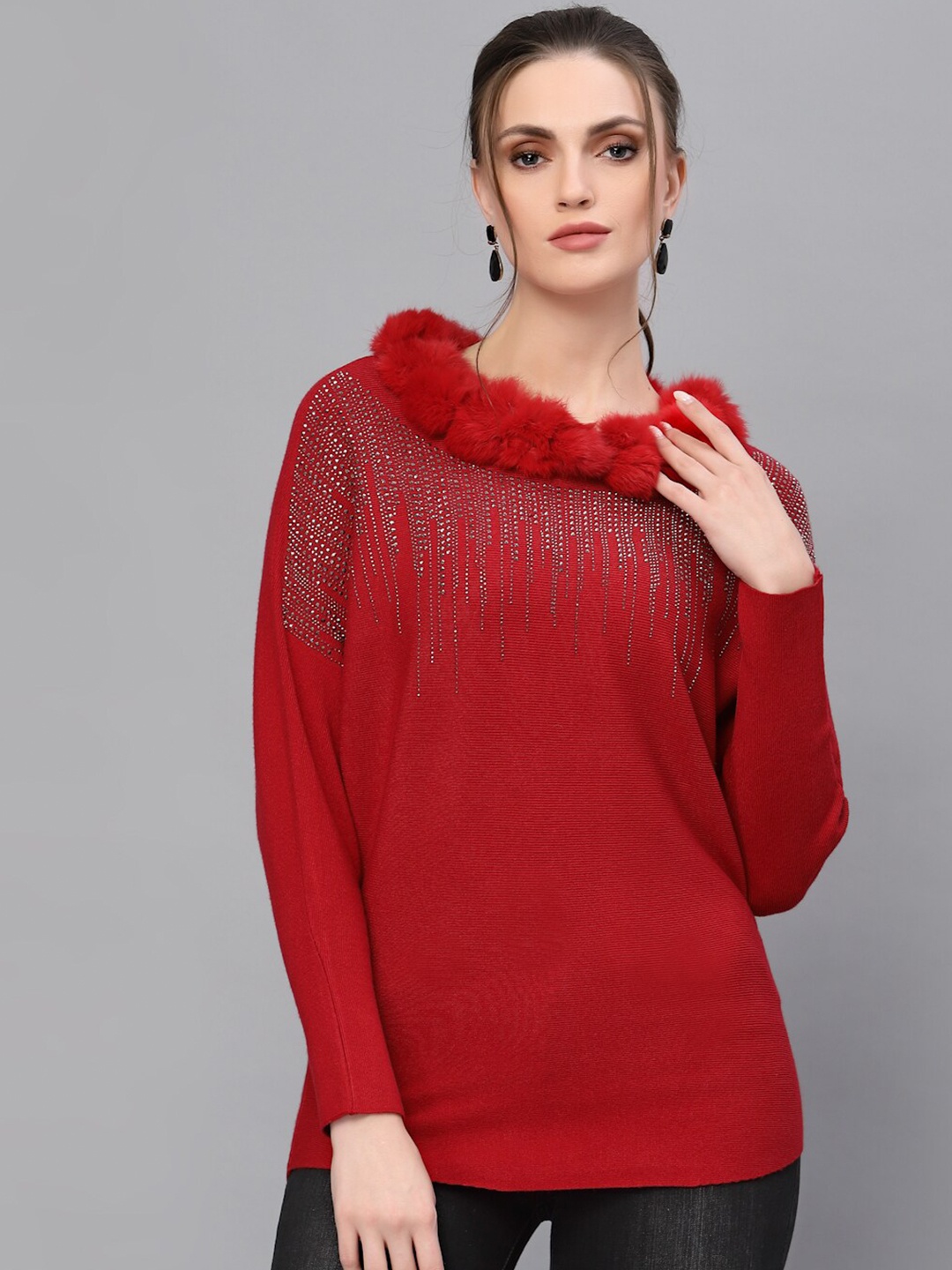 

Mafadeny Embellished Pullover Sweater, Red