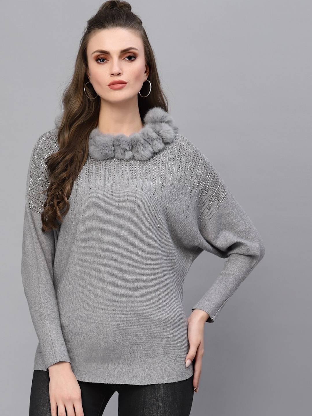 

Mafadeny Women Grey Pullover with Embellished Detail