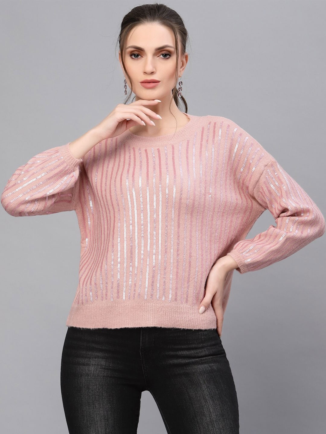 

Mafadeny Women Peach Striped Pullover with Embellished Detail