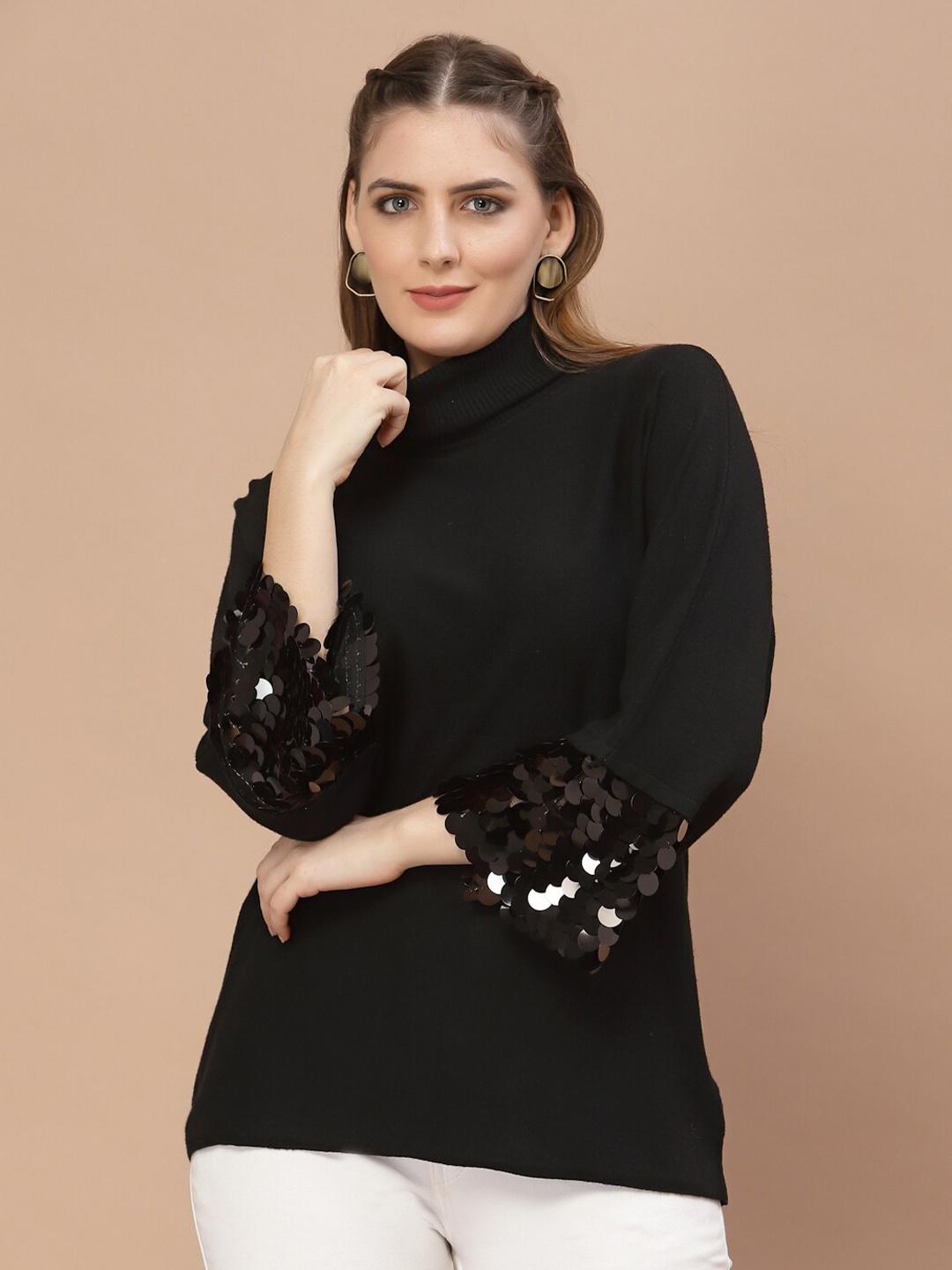 

Mafadeny Women Black Pullover with Embellished Detail