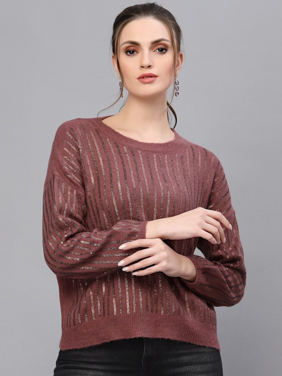 

Mafadeny Women Maroon Striped Pullover with Embellished Detail