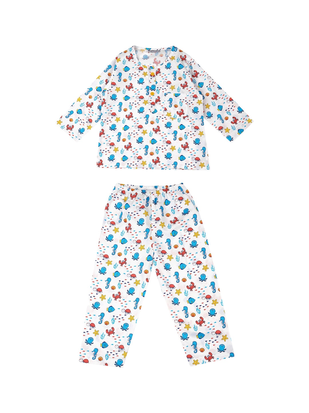 

shopbloom Kids Blue & White Printed Cotton Sleepsuit