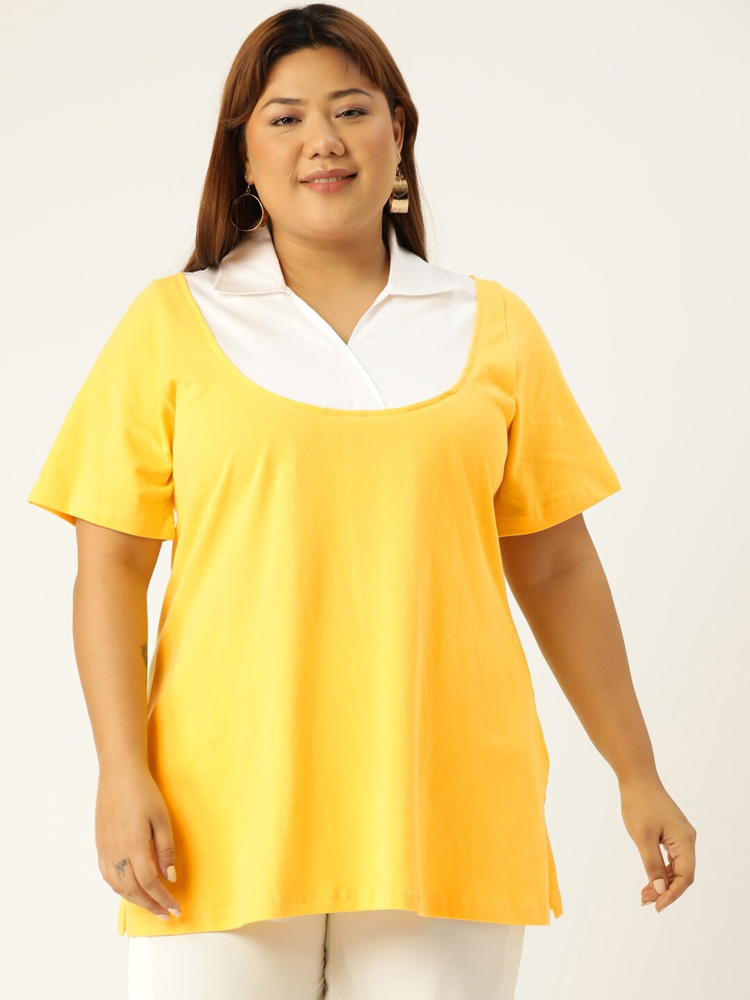 

theRebelinme Women Plus Size Yellow & White Solid Cotton Top