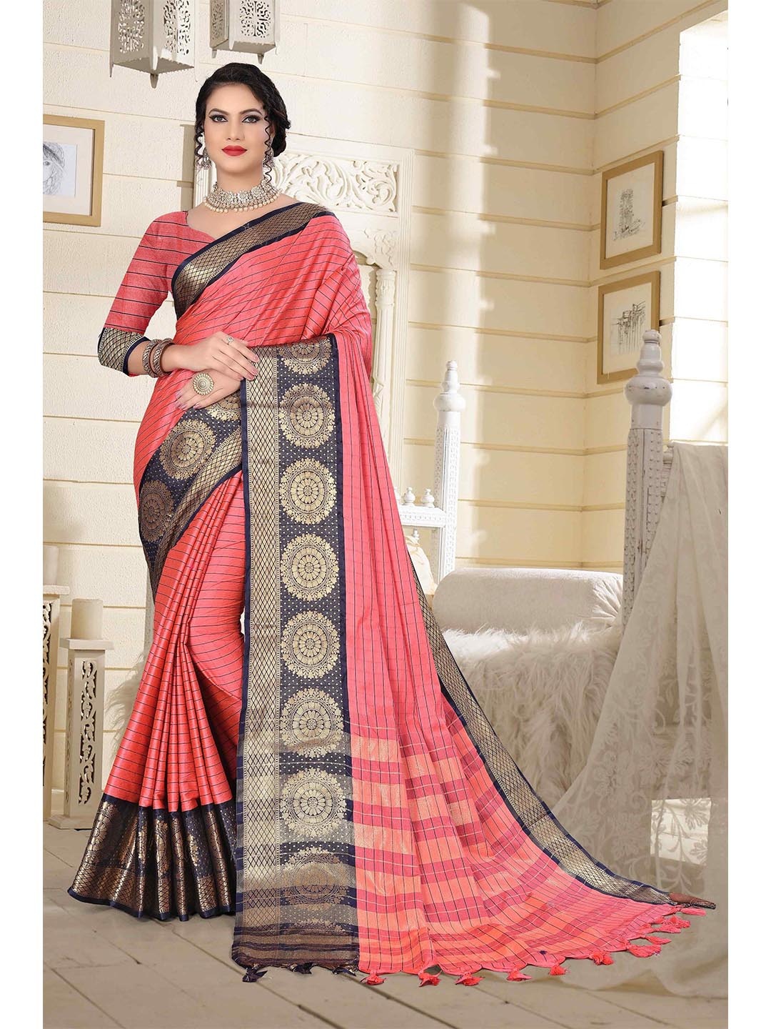 

Mizzific Black & Blue Striped Zari Silk Cotton Banarasi Saree