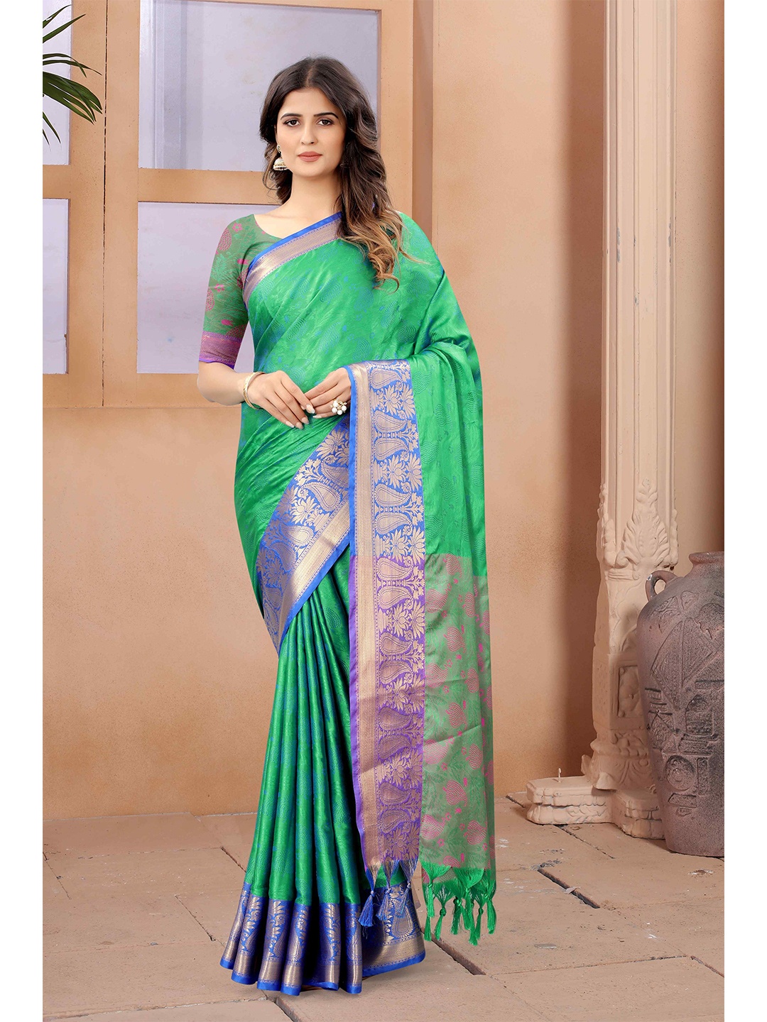 

Mizzific Green & Blue Woven Design Zari Silk Cotton Kanjeevaram Saree