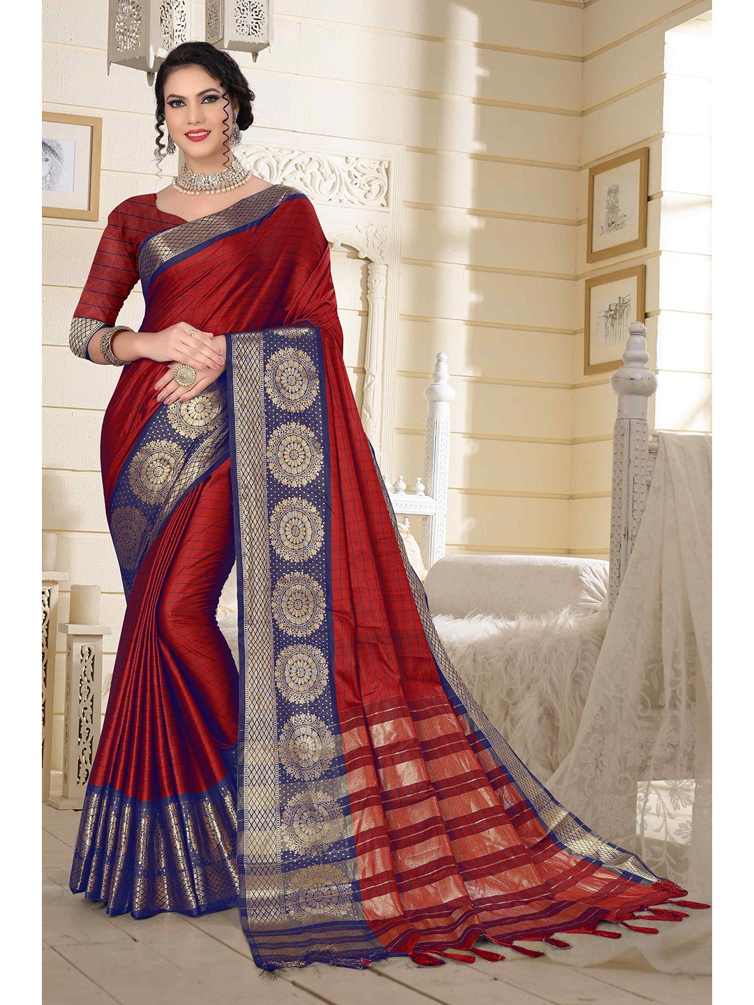 

Mizzific Red & Blue Striped Zari Silk Cotton Banarasi Saree