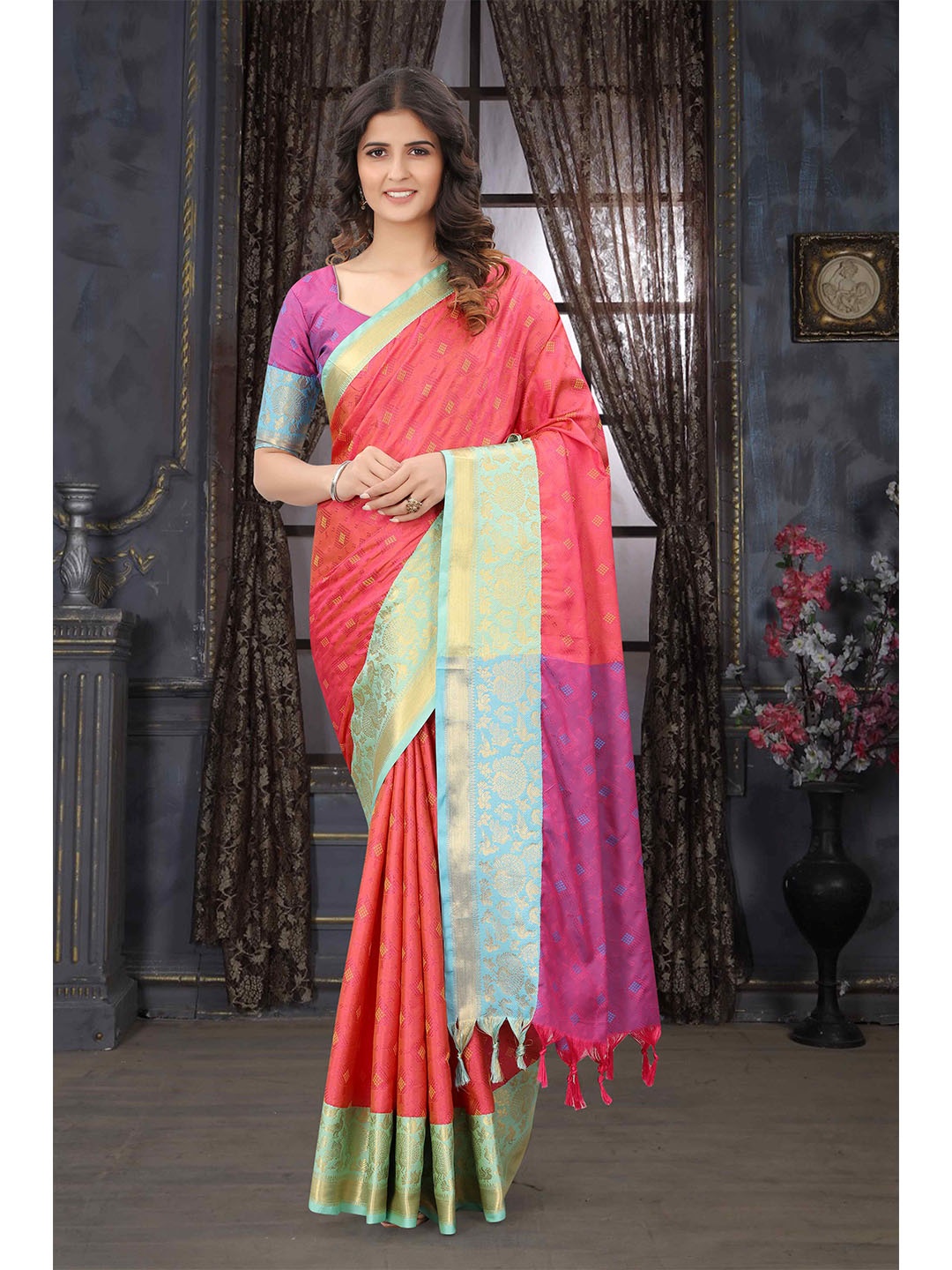 

Mizzific Pink & Blue Woven Design Zari Silk Cotton Kanjeevaram Saree