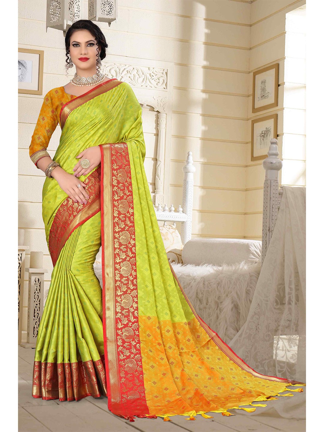 

Mizzific Lime green and Red Woven Design Zari Silk Cotton Kanjeevaram Saree