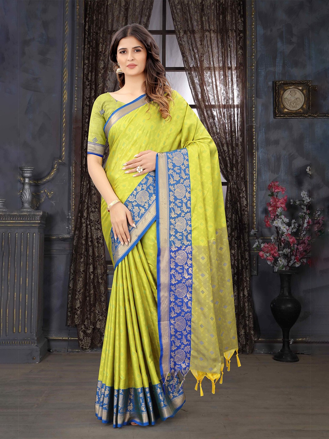 

Mizzific Lime Green & Blue Woven Design Zari Silk Cotton Kanjeevaram Saree