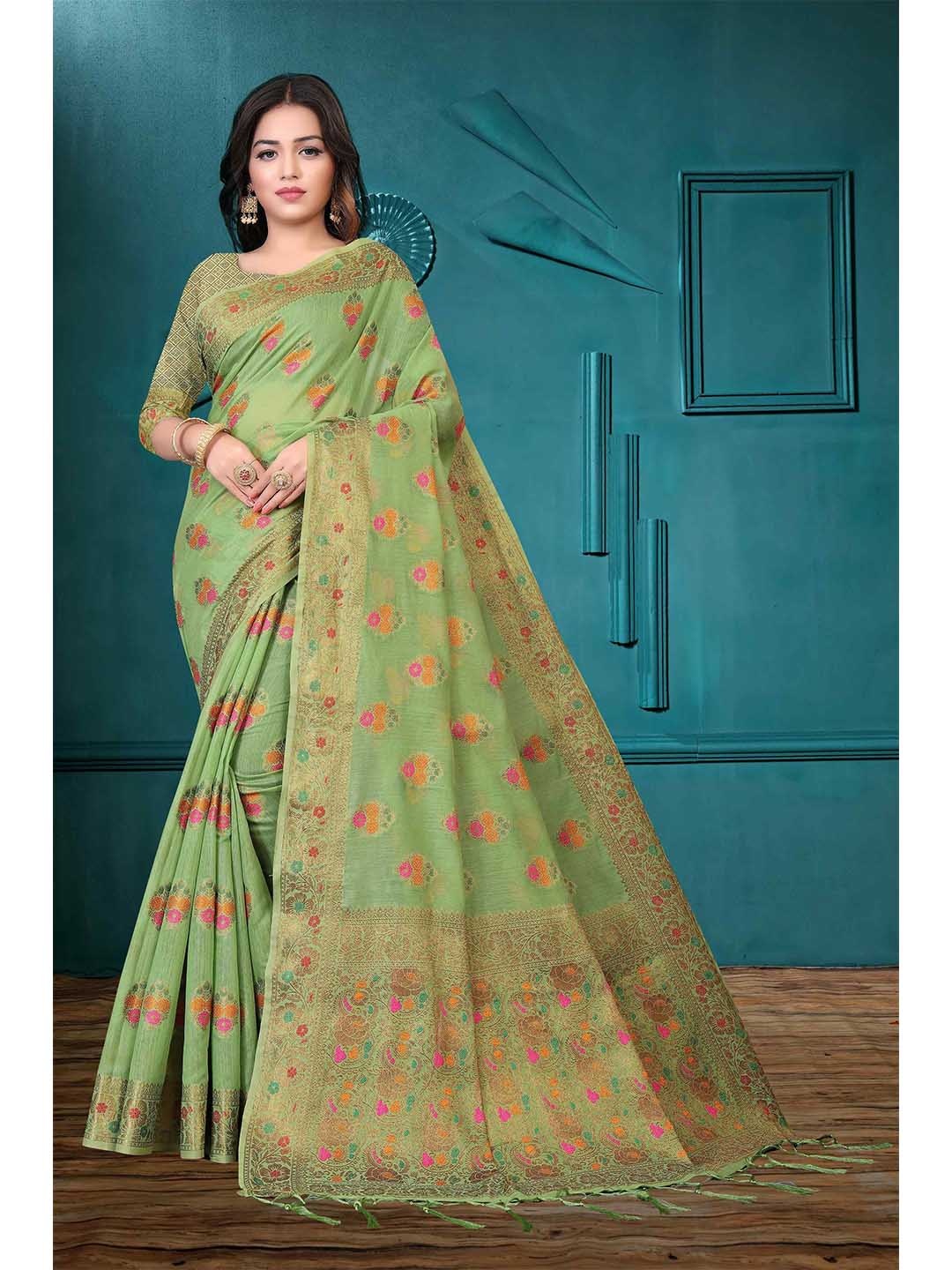 

Mizzific Green & Red Floral Zari Pure Cotton Chanderi Saree