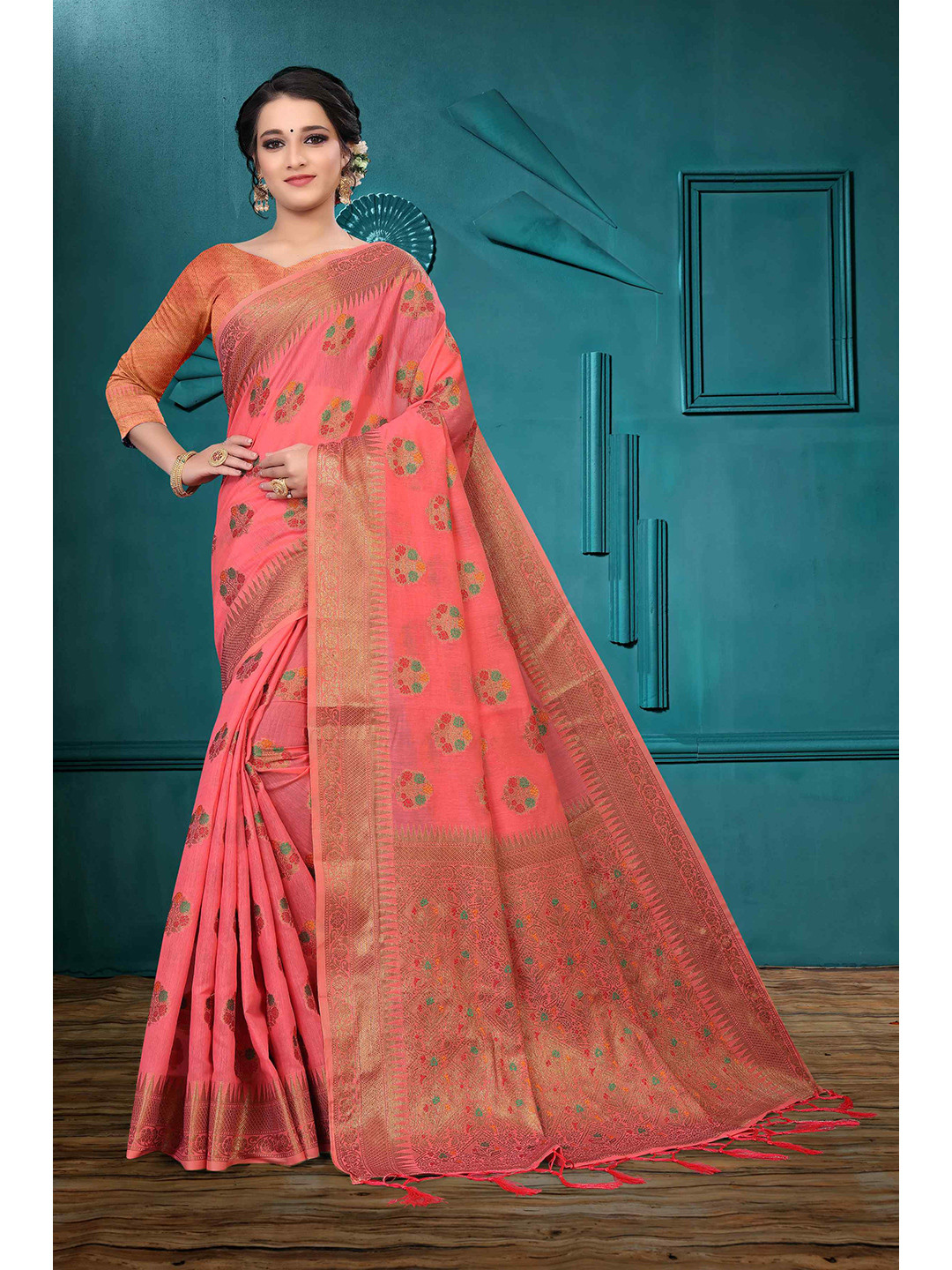 

Mizzific Pink & Gold-Toned Woven Design Zari Pure Cotton Chanderi Saree
