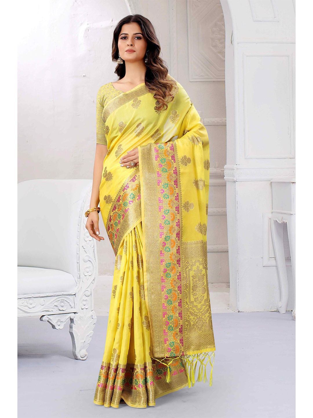 

Mizzific Yellow & Gold-Toned Woven Design Zari Organza Chanderi Saree