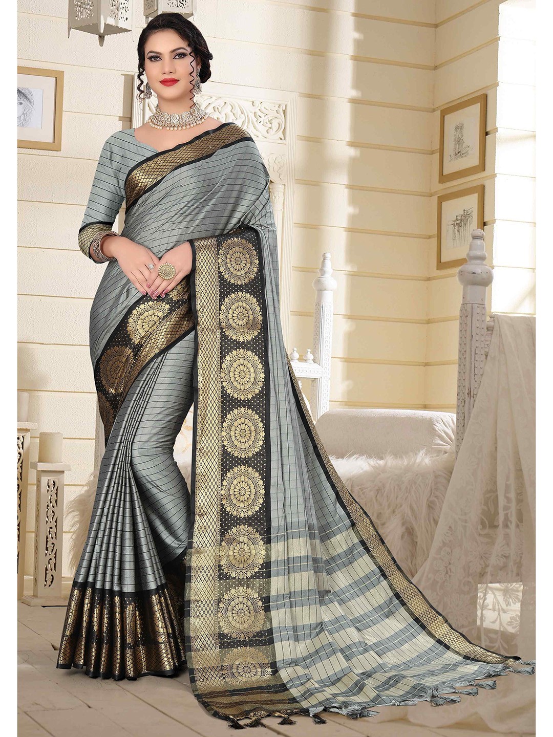 

Mizzific Grey & Black Woven Design Zari Silk Cotton Banarasi Saree