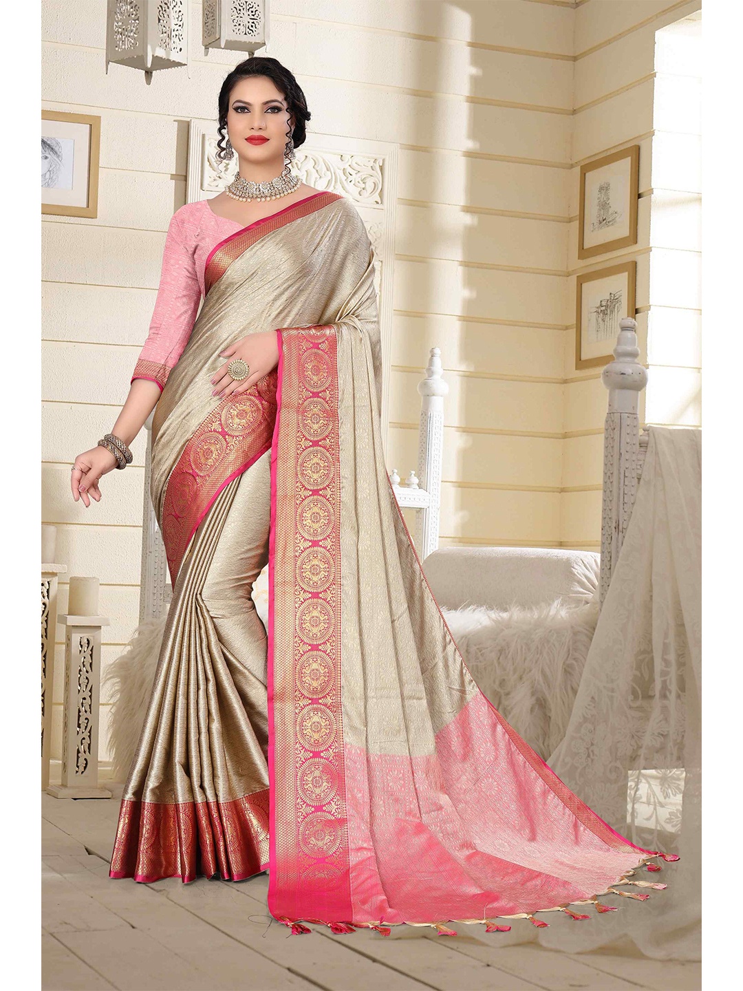 

Mizzific Beige & Pink Woven Design Zari Silk Cotton Kanjeevaram Saree