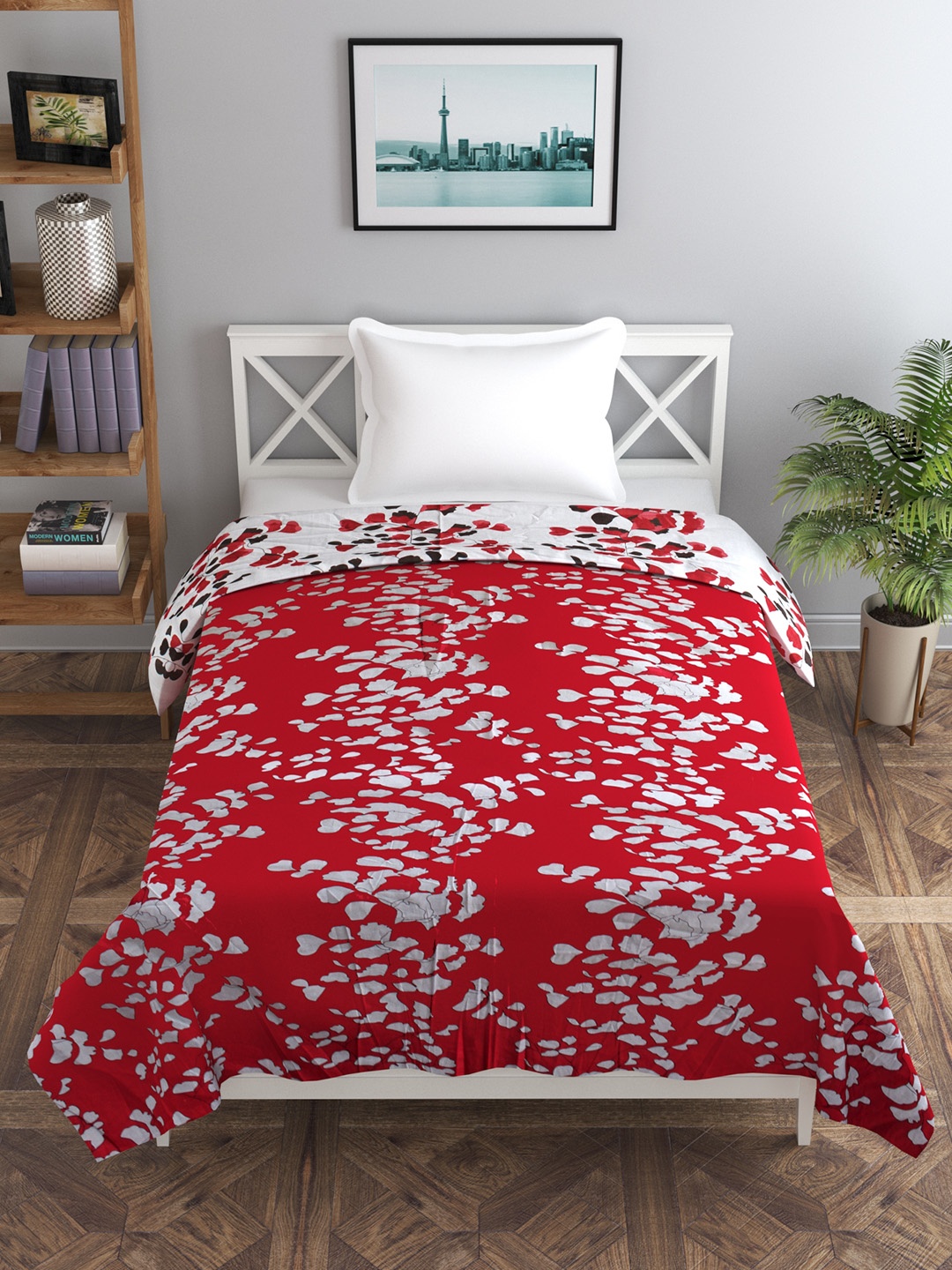 

Trance home Linen Red White Leaves 210 GSM Pure Cotton Reversible Single Bed Size Dohar