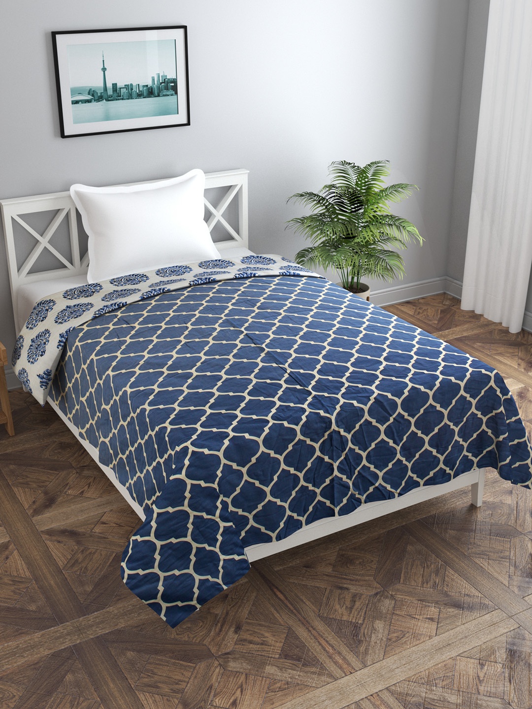 

Trance home Linen Damask Blue 210 GSM Pure Cotton Reversible Single Bed Size Dohar