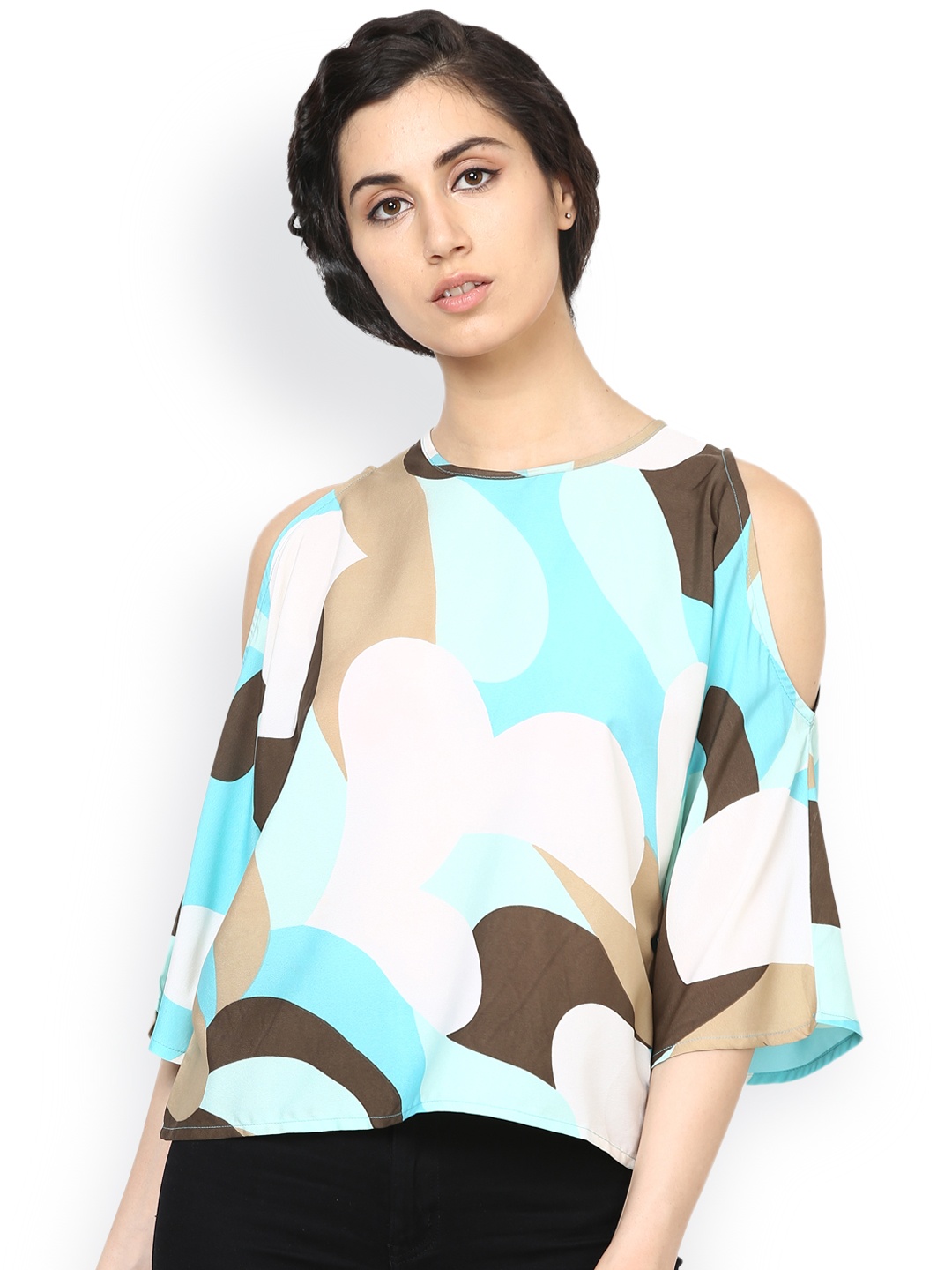 

Harpa Women Turquoise Blue & White Printed Cold Shoulder Top