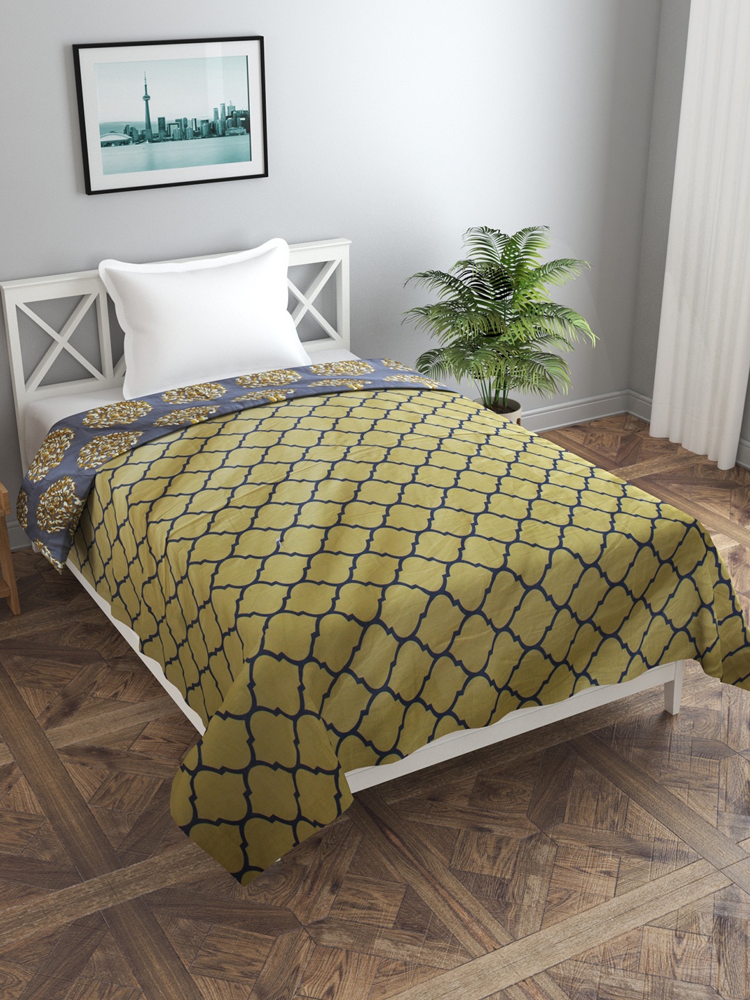 

Trance home Linen Damask Grey Mustard 210 GSM Pure Cotton Reversible Single Bed Size Dohar, Yellow