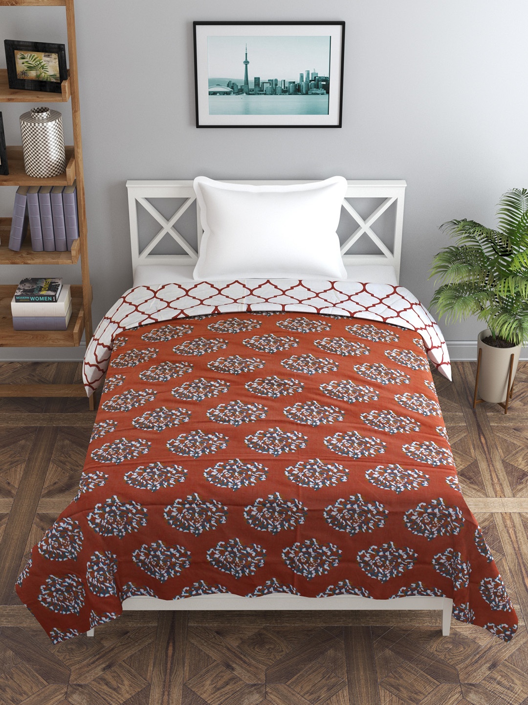 

Trance home Linen Damask Clay Red 210 GSM Pure Cotton Reversible Single Bed Size Dohar, Orange