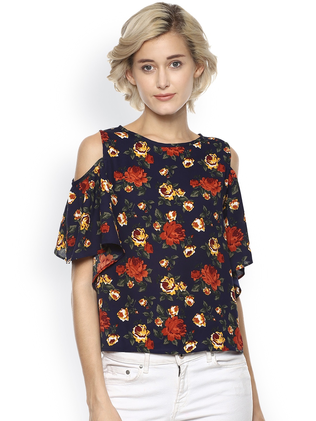 

Harpa Women Navy Floral Print Cold Shoulder Top, Navy blue