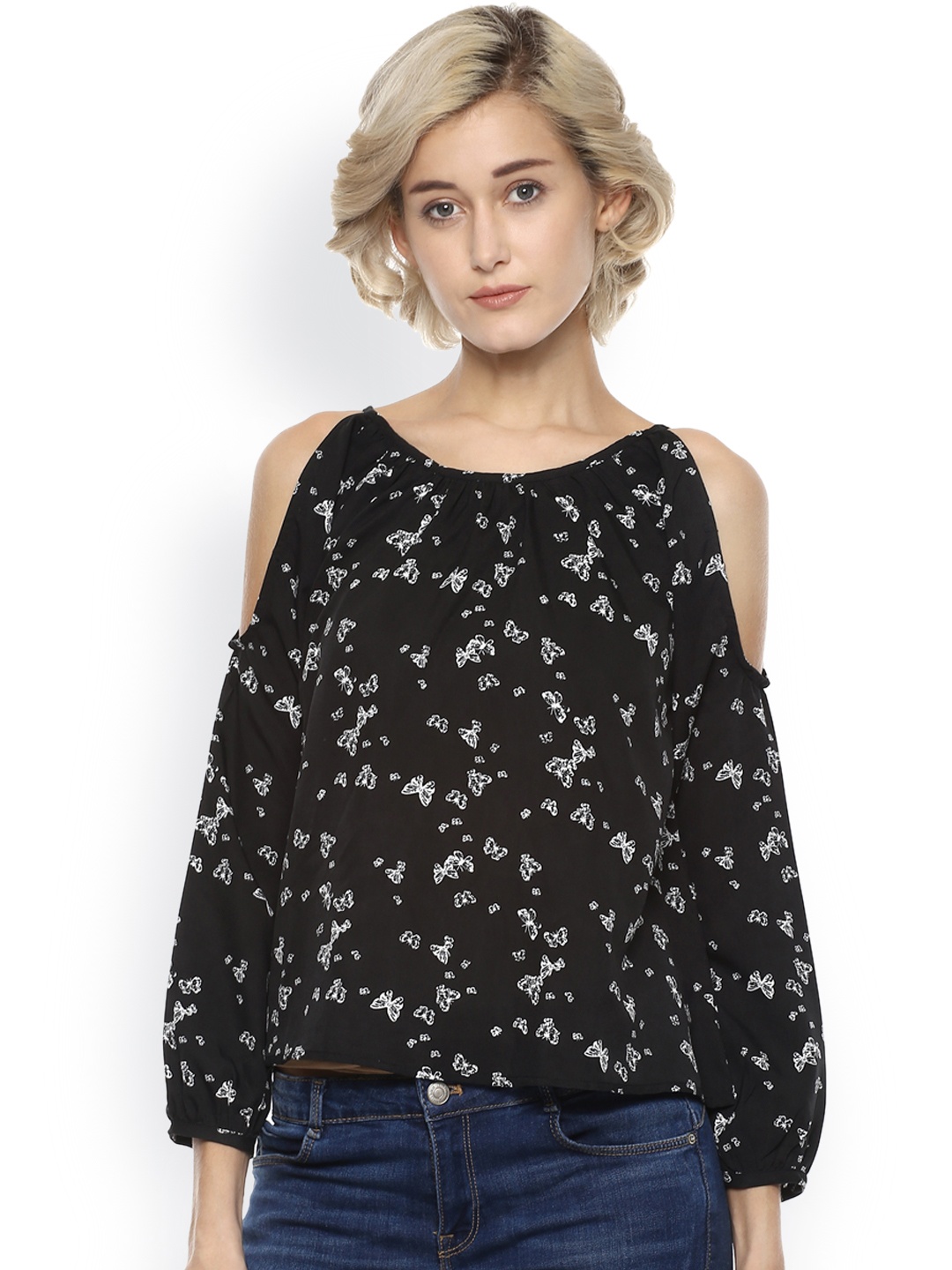 

Harpa Women Black Printed Cold Shoulder Top