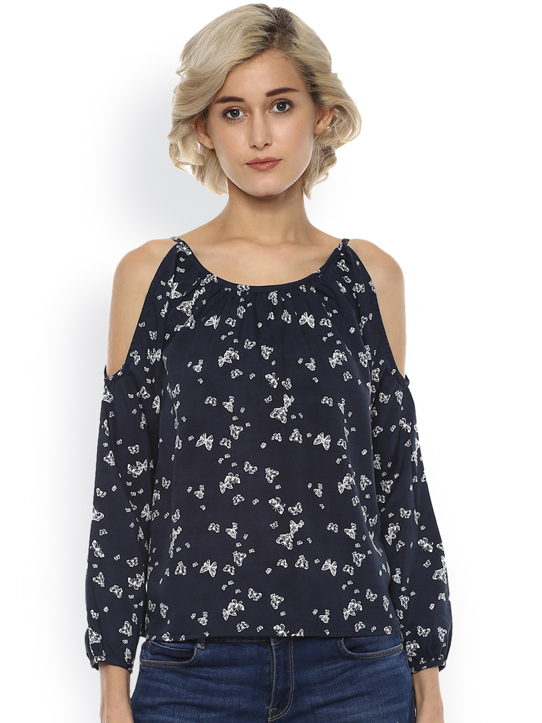 

Harpa Women Navy Butterfly Print Cold Shoulder Top, Navy blue
